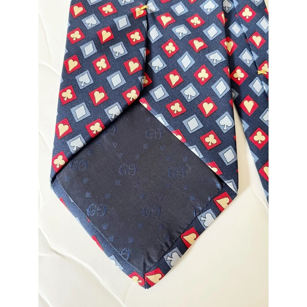 Gucci blue/red/gold card print silk tie
